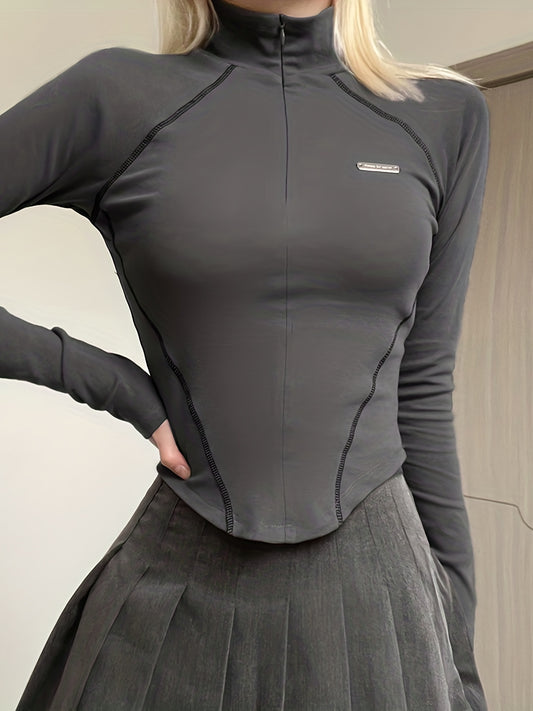 Solid Mock Neck Sports Long Sleeve Zipper Top