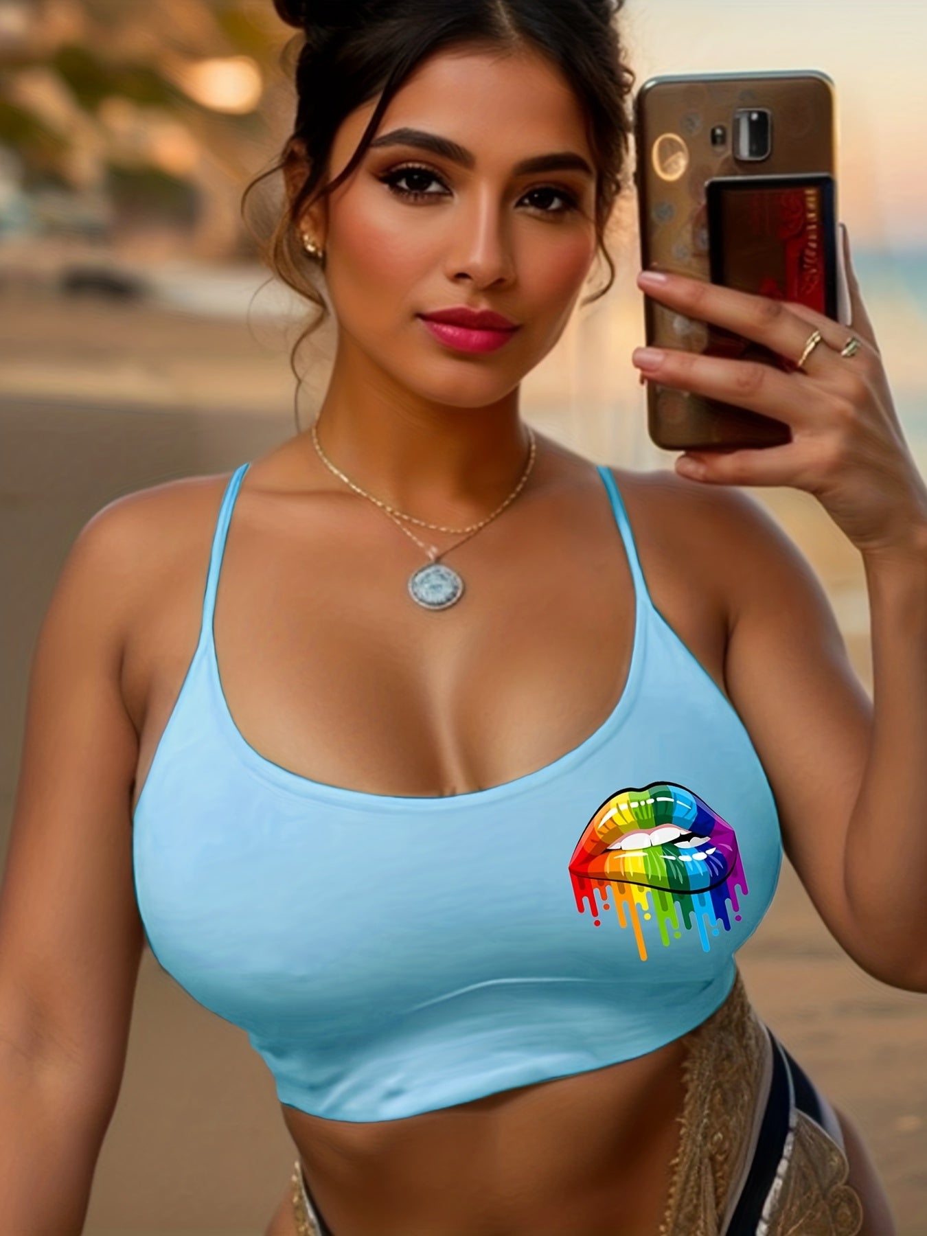 Rainbow Lips Print Cami Sleep Tops Sexy Crew Neck Sleeveless Top