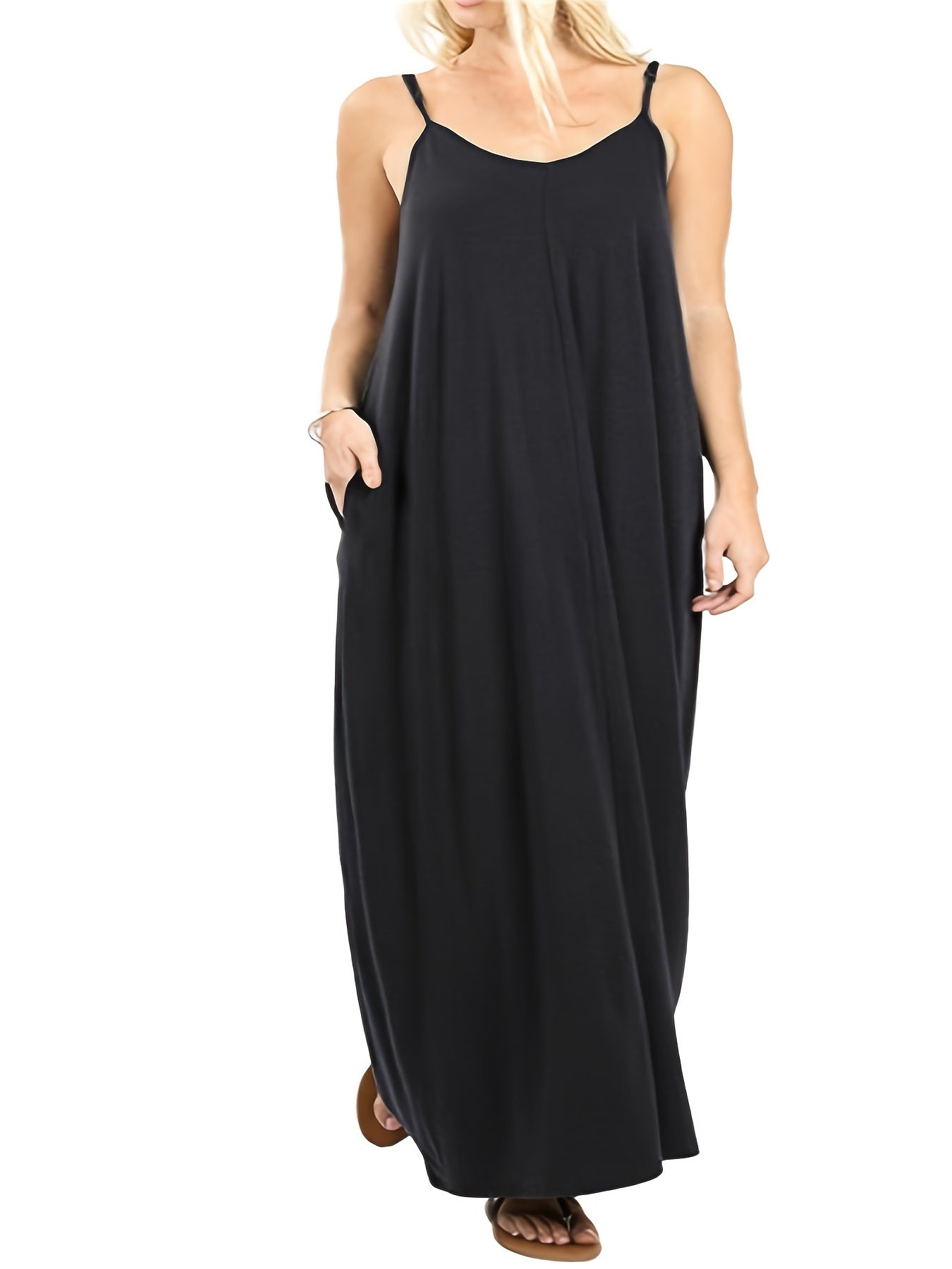  Plain Round Neck Maxi Dress With Pockets