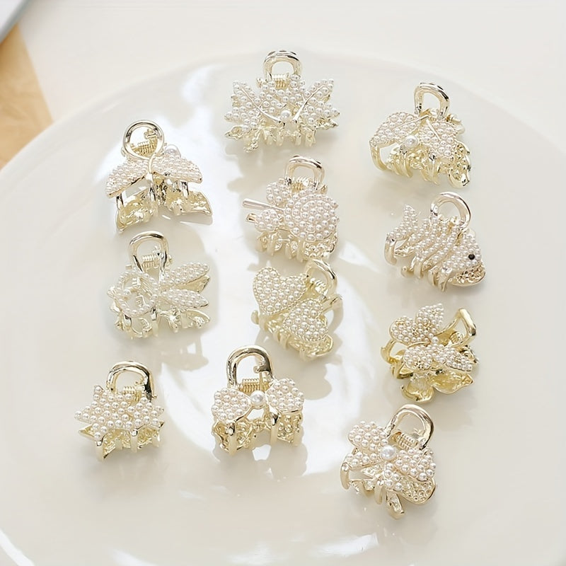 Faux Pearl Beaded Hair Claw Small Shark Claw Butterfly Flower Leaf Stars