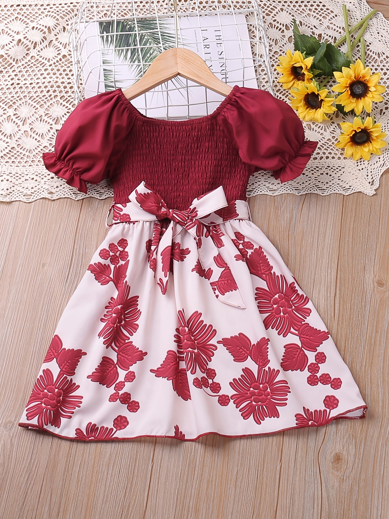 Girl's Puff Sleeve Shirred Floral Midi Dress with Belt