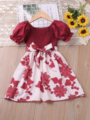 Girl's Puff Sleeve Shirred Floral Midi Dress with Belt