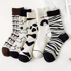 5 Pairs Cartoon Print Socks Comfy & Mid Tube Socks Women's Stockings