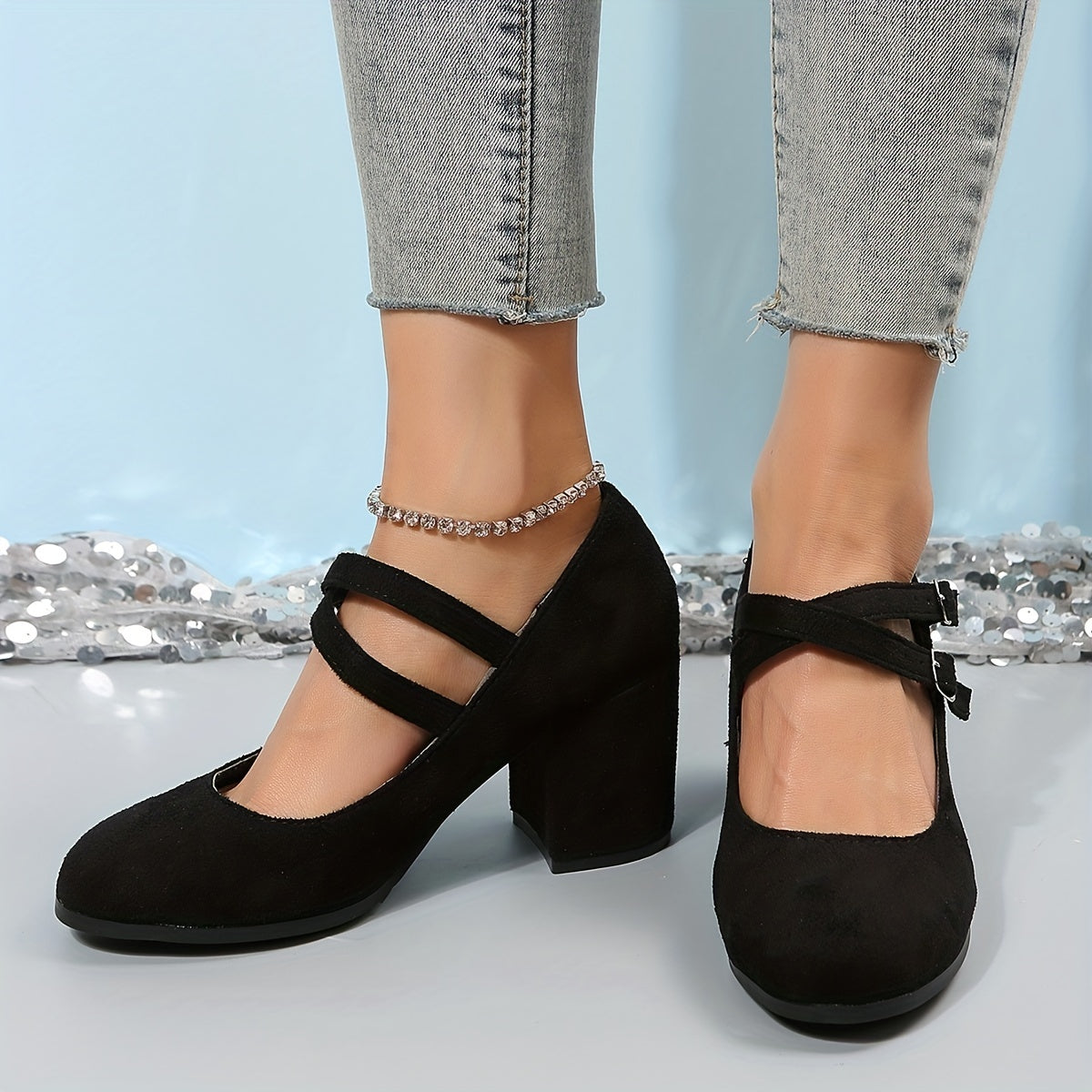 Women's Block Heels Double Buckle Strap Pumps Work Shoes