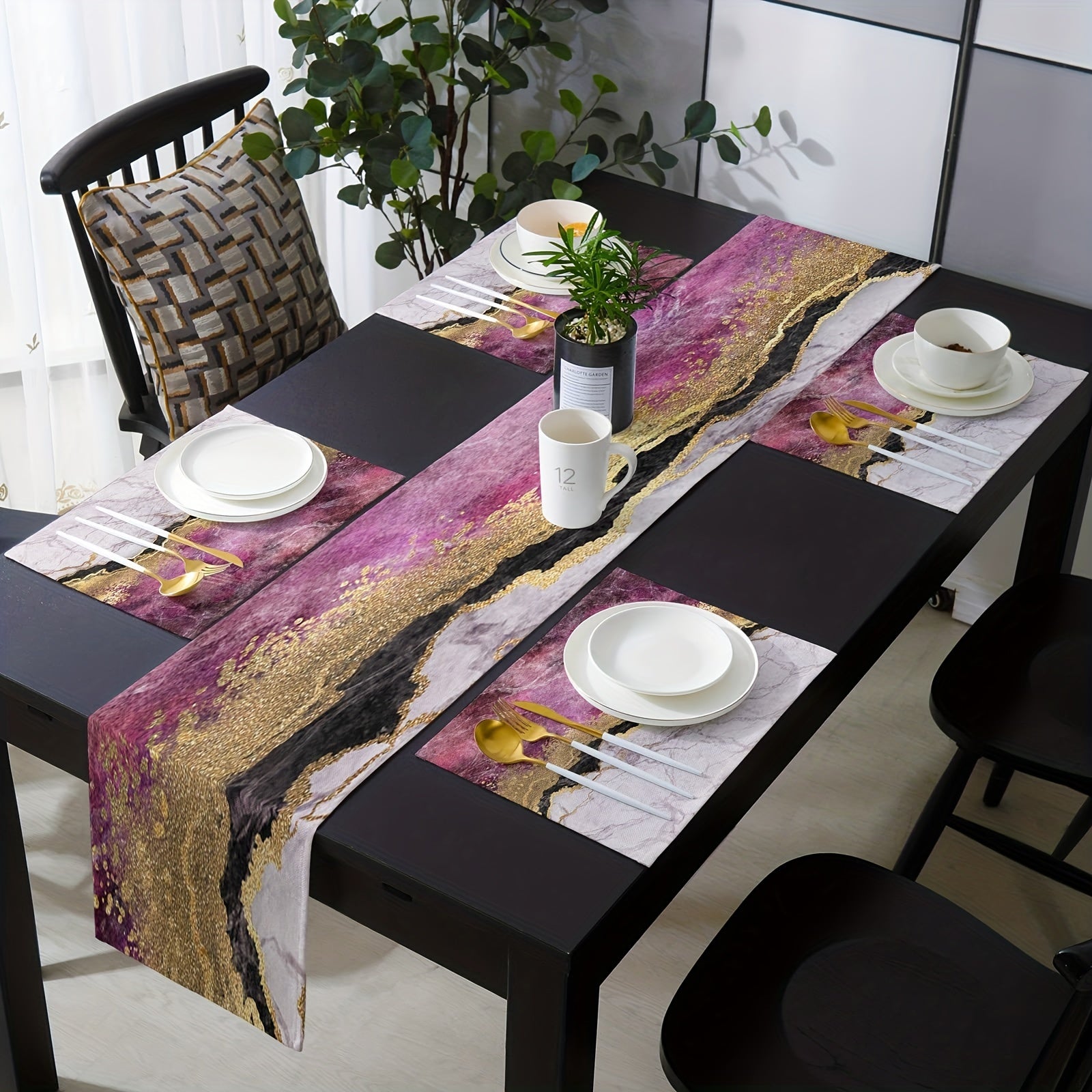 Marble Texture Purple Golden Lines Table Runner 13x72 Inch