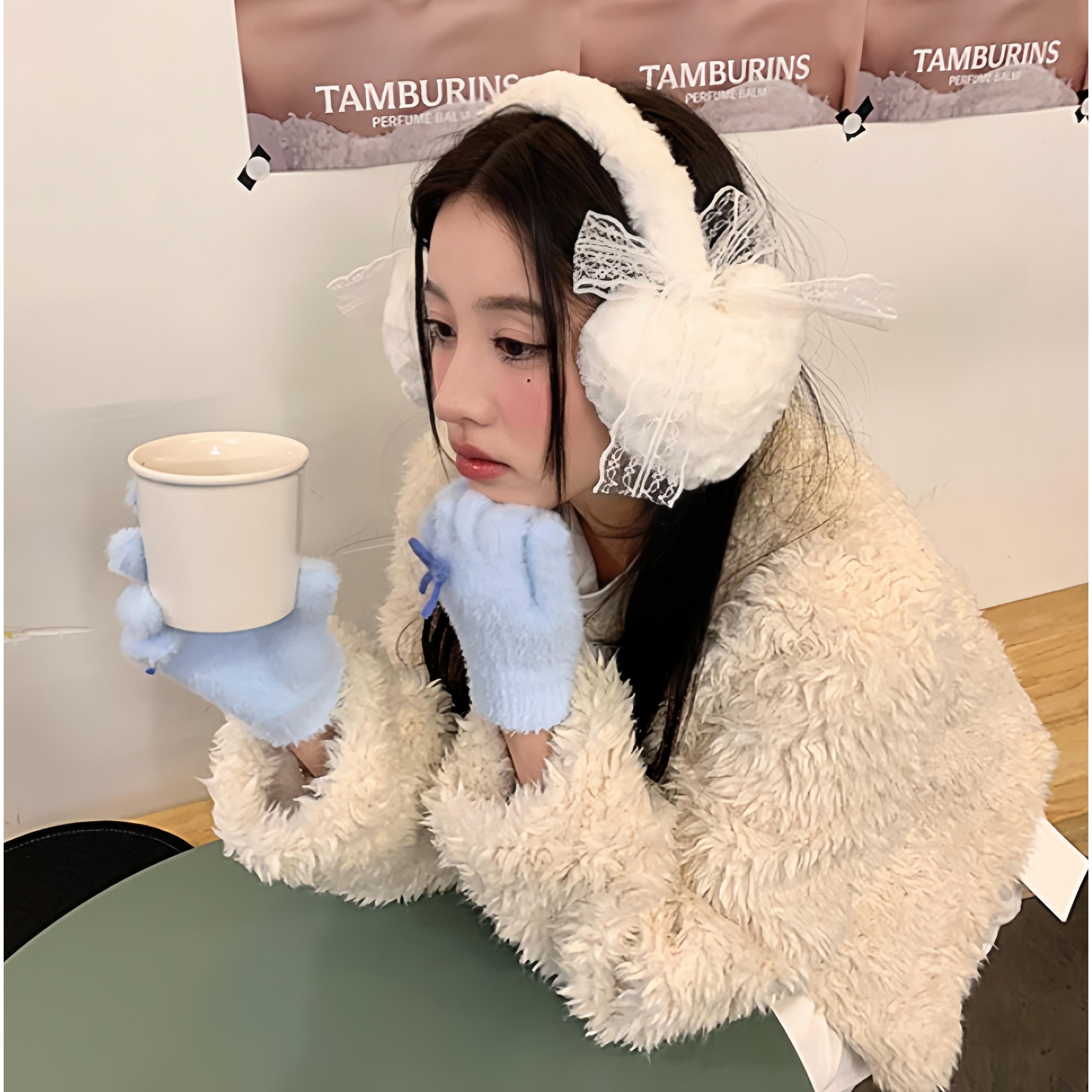 Japanese Style Fluffy Ear Muffs with Lace Bow Heart Shaped Earmuffs