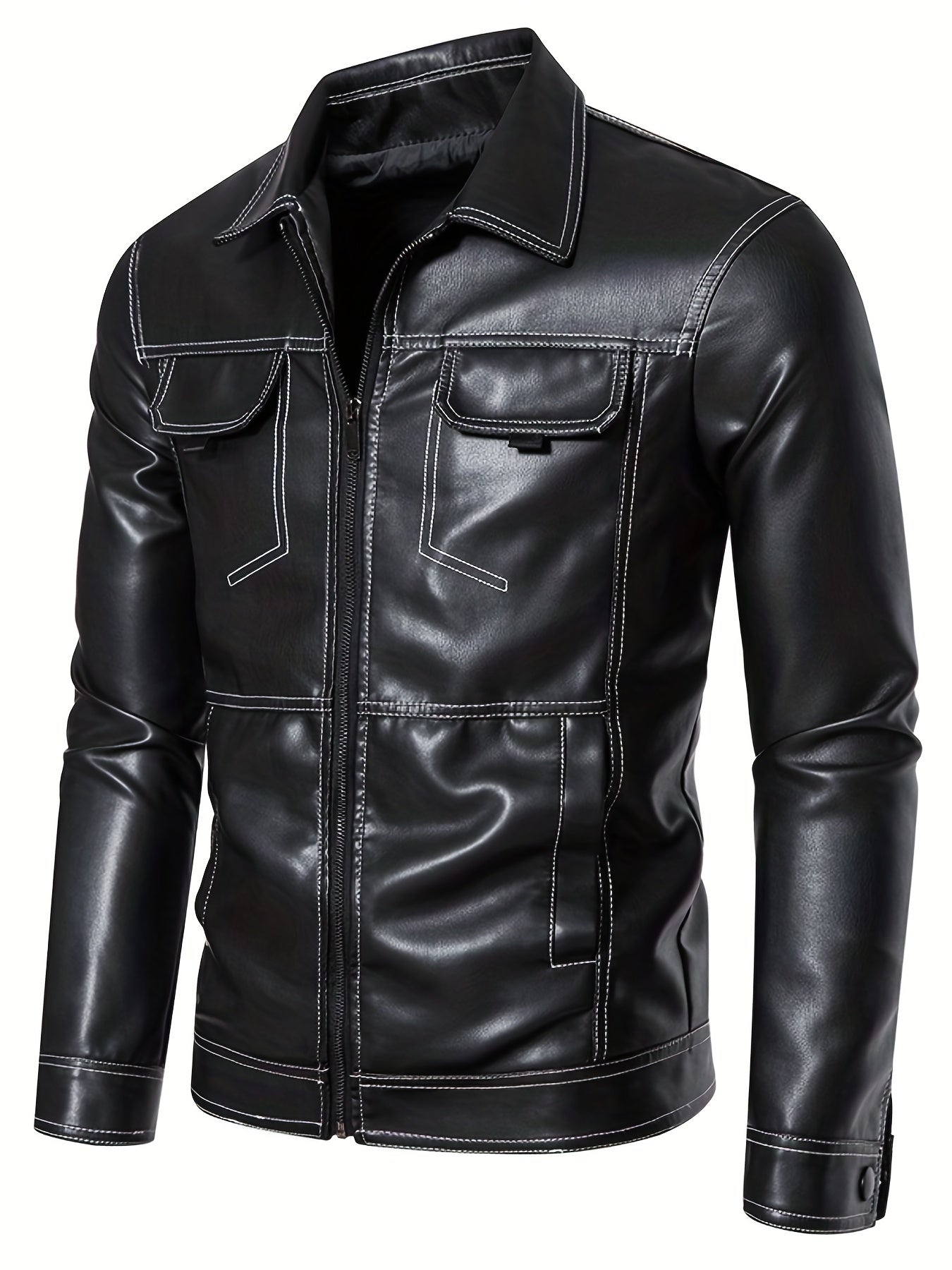Men's Retro Motorcycle PU Leather Zip Up Jacket with Topstitch Lapel