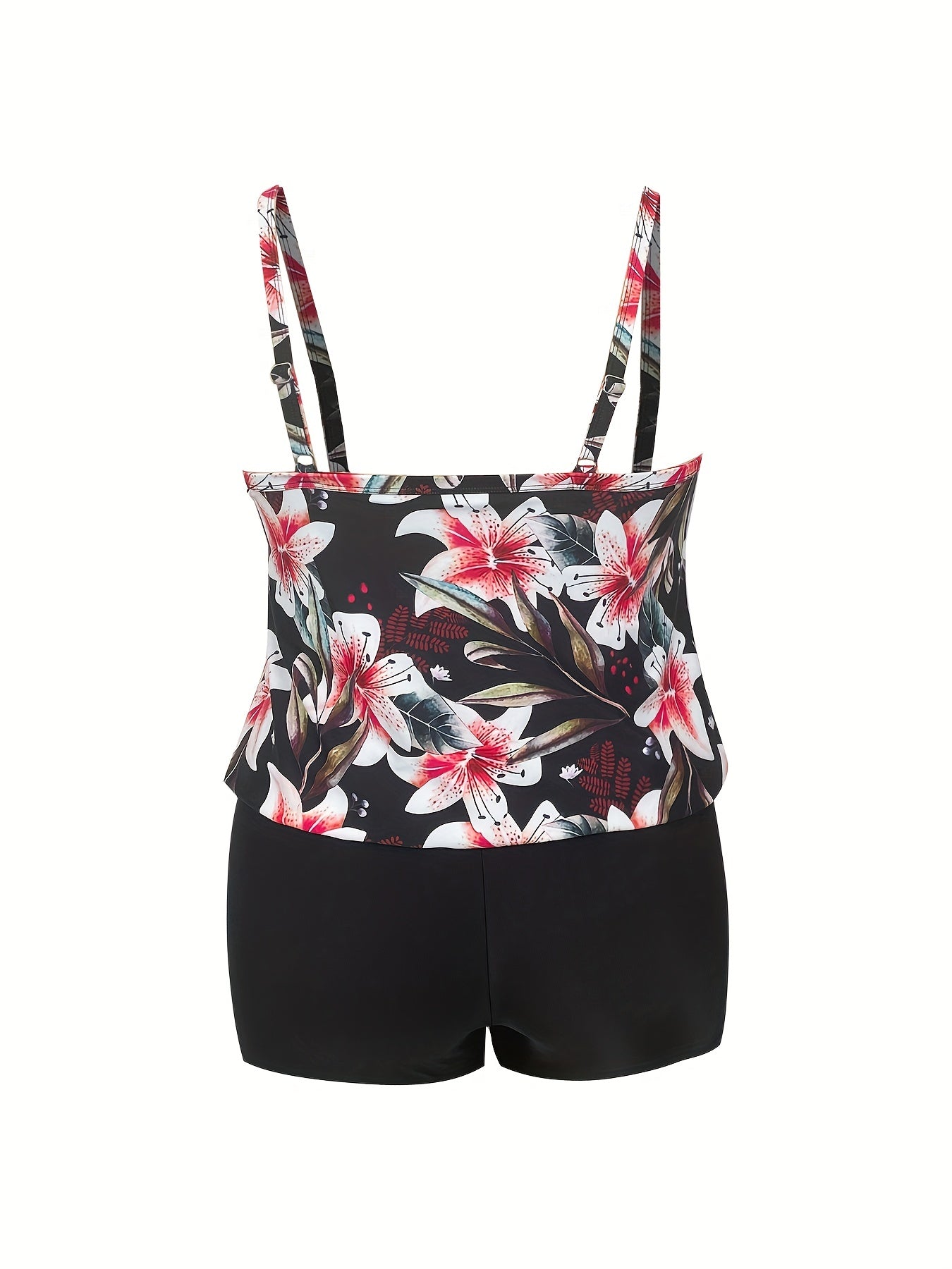  Floral Ribbed Tank Top & Solid Shorts Swimsuit Set