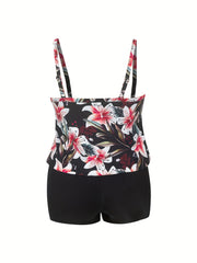  Floral Ribbed Tank Top & Solid Shorts Swimsuit Set