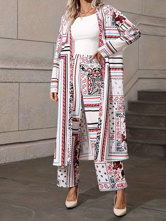 Women's Plus Floral & Scarf Print Cardigan & Pants Set