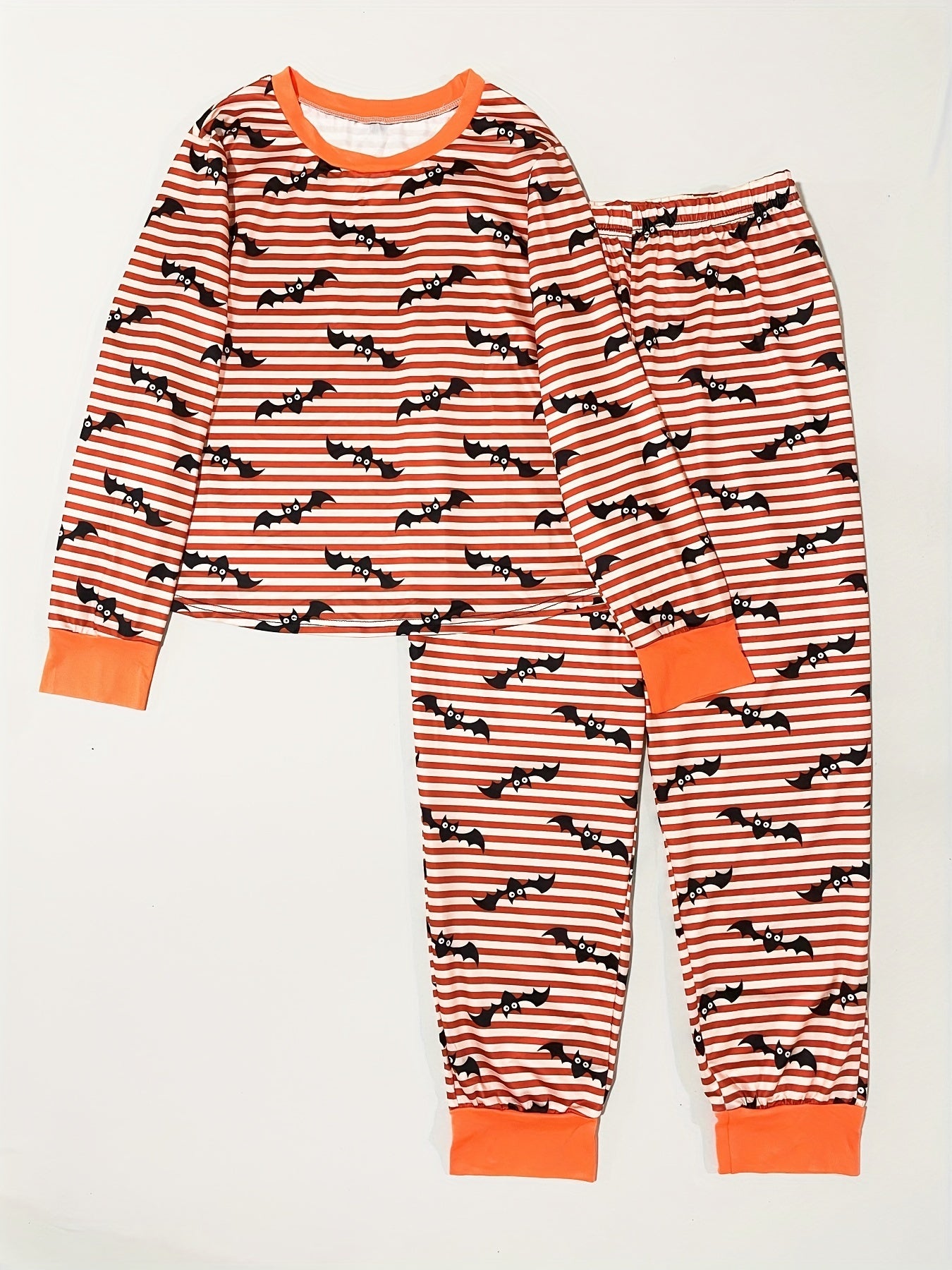 Stripe & Bat Print Pajama Set Long Sleeve Top & Pants