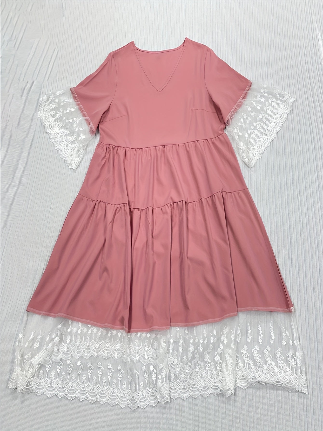  Contrast Mesh V Neck Smock Dress