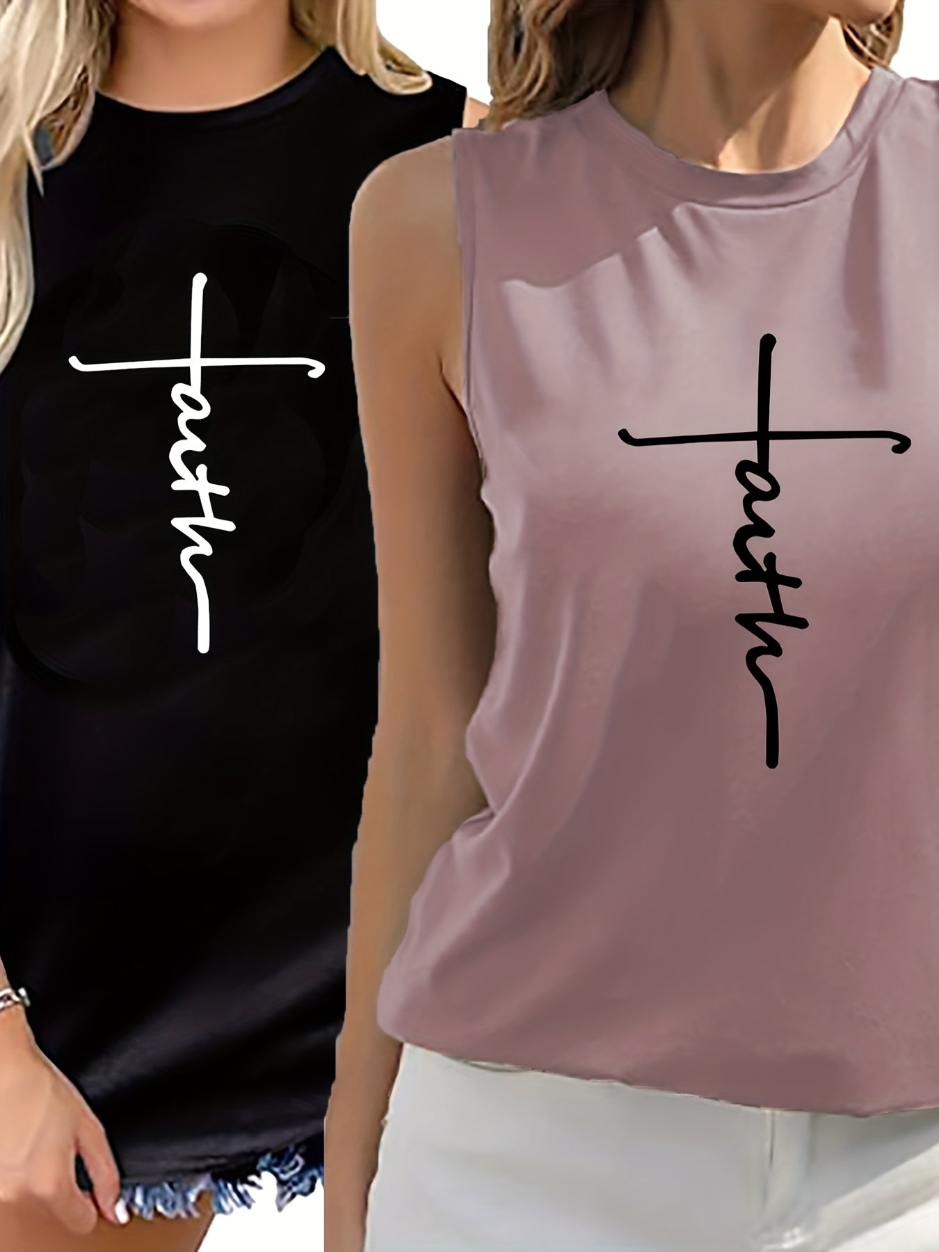 Faith Print 2pcs Tank Top Set Sleeveless Crew Neck Casual Two piece Set