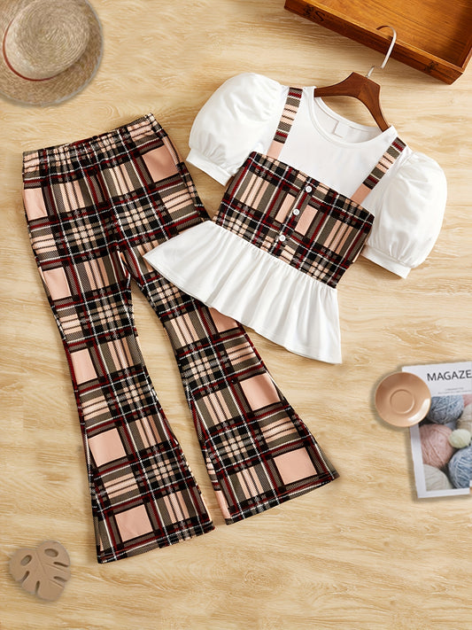 Girl's 2pc Puff Sleeve T-shirt & Flared Pants Set Plaid Pattern Outfit