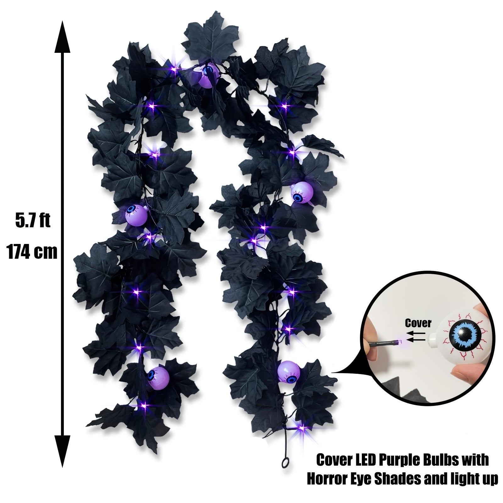 Halloween Eyeballs Purple Lights Garland 20 LED Maple Leaf 173cm Decor