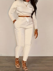 Solid Casual Two piece Set Crew Neck Long Sleeve Tops & Drawstring Elastic Waist