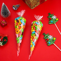 100pcs Cone Cellophane Bags Clear with Twist Ties - Christmas Plastic Cone Bags