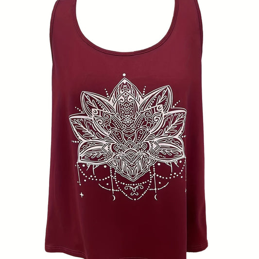  Floral Print Round Neck Stretch Tank Top