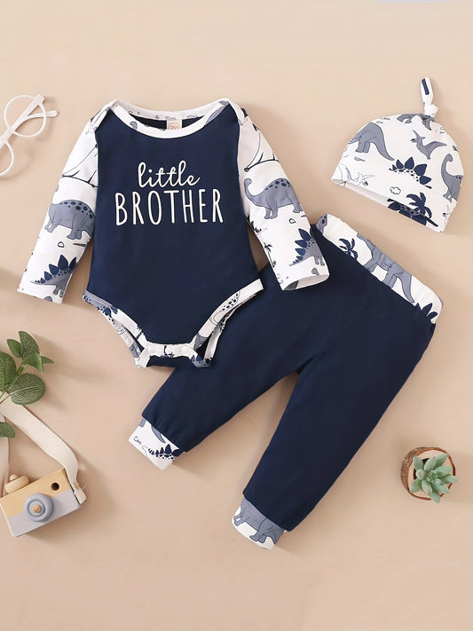 Baby Boy's Cotton Casual 3pc Set Dinosaur Print Romper Trousers Hat