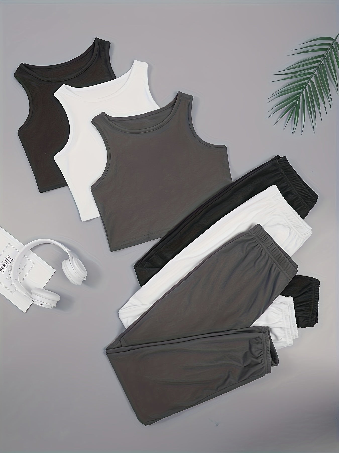 6 Pack Plus Size Lounge Set Women's Solid Crop Tank & Joggers Pajama 6 Piece
