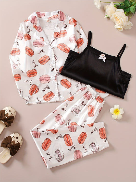 Kid's 3pcs Macaron Pattern Pajamas Set Comfy PJ Girl's Loungewear