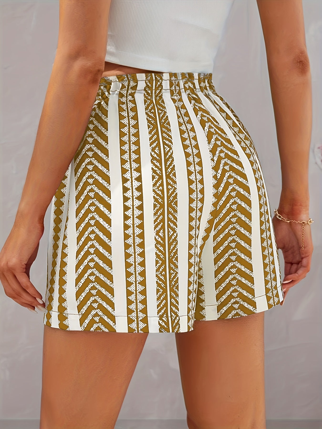 Tribal Stripe Print Shorts Elastic Waist Summer Women's Clothing