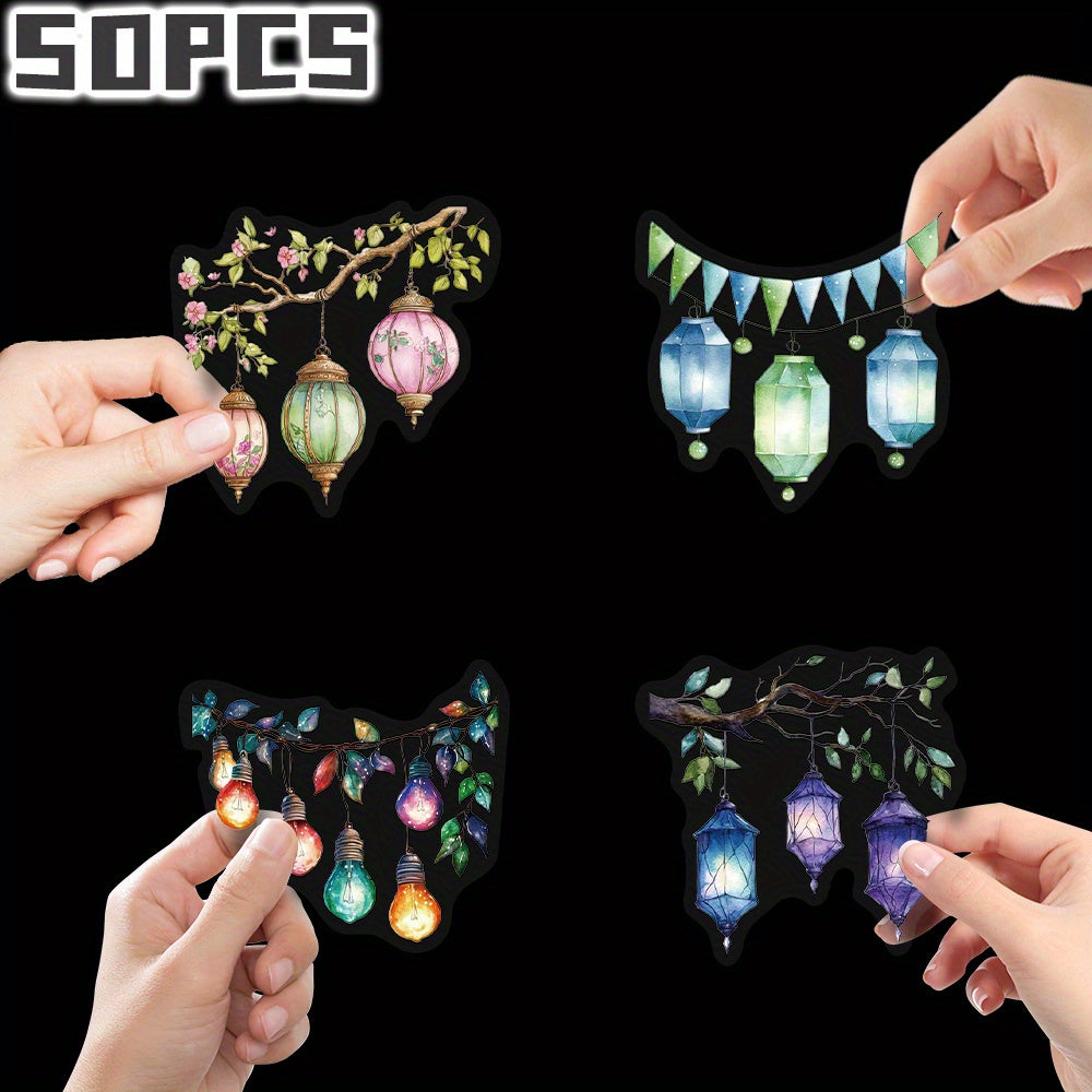 50pcs Lantern Themed Stickers Non Repeating Floral & Heart Designs