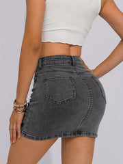 Heart Pattern Grey Denim Mini Skirt High Rise Zipper Button Closure
