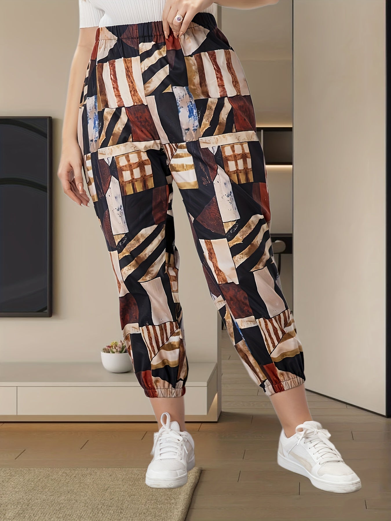  Colorblock Print Elastic Tapered Leg Pants