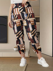  Colorblock Print Elastic Tapered Leg Pants