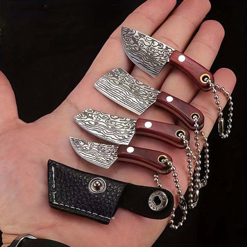 Mini Damascus Pattern Toy Keychain with Leather Cover