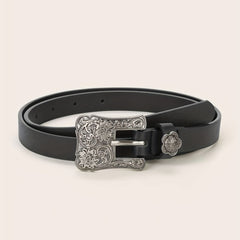 Vintage Flower Engraved Buckle Belts Boho Solid PU Leather Belt