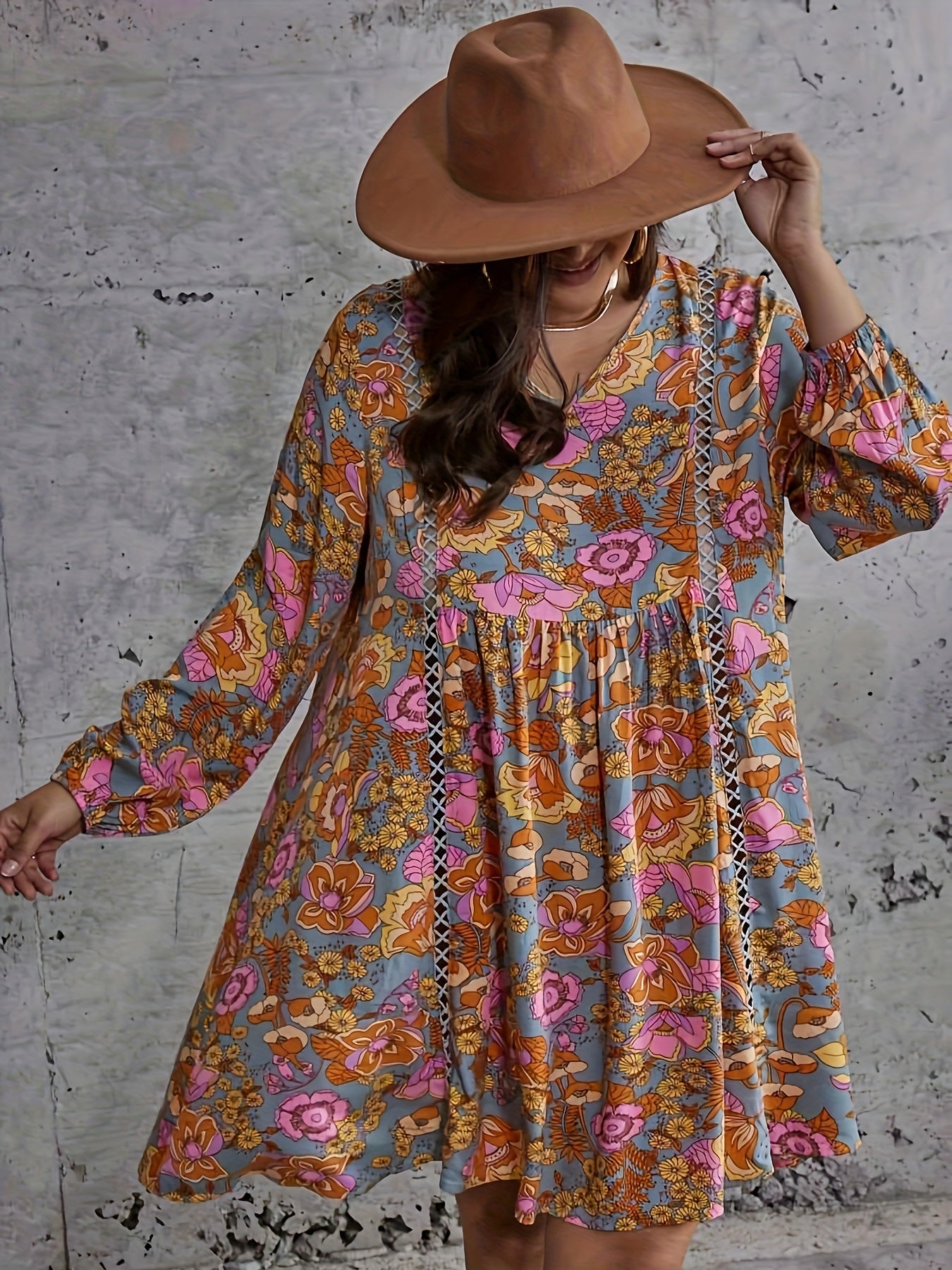 Plus Size Floral Lantern Sleeve Boho Dress
