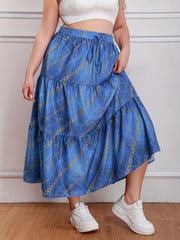  Casual Skirt Chain & Denim Print Drawstring Smock Maxi Skirt