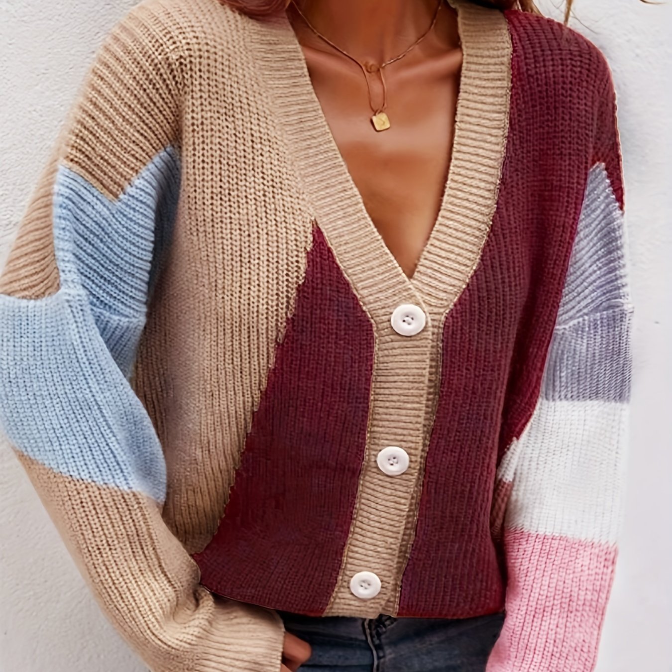  Colorblock Long Sleeve Knitted Cardigan