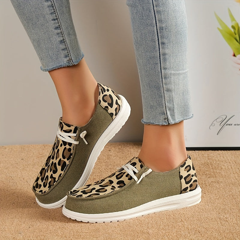 Leopard Printed Canvas Lace Up Loafers Low Top Sneakers