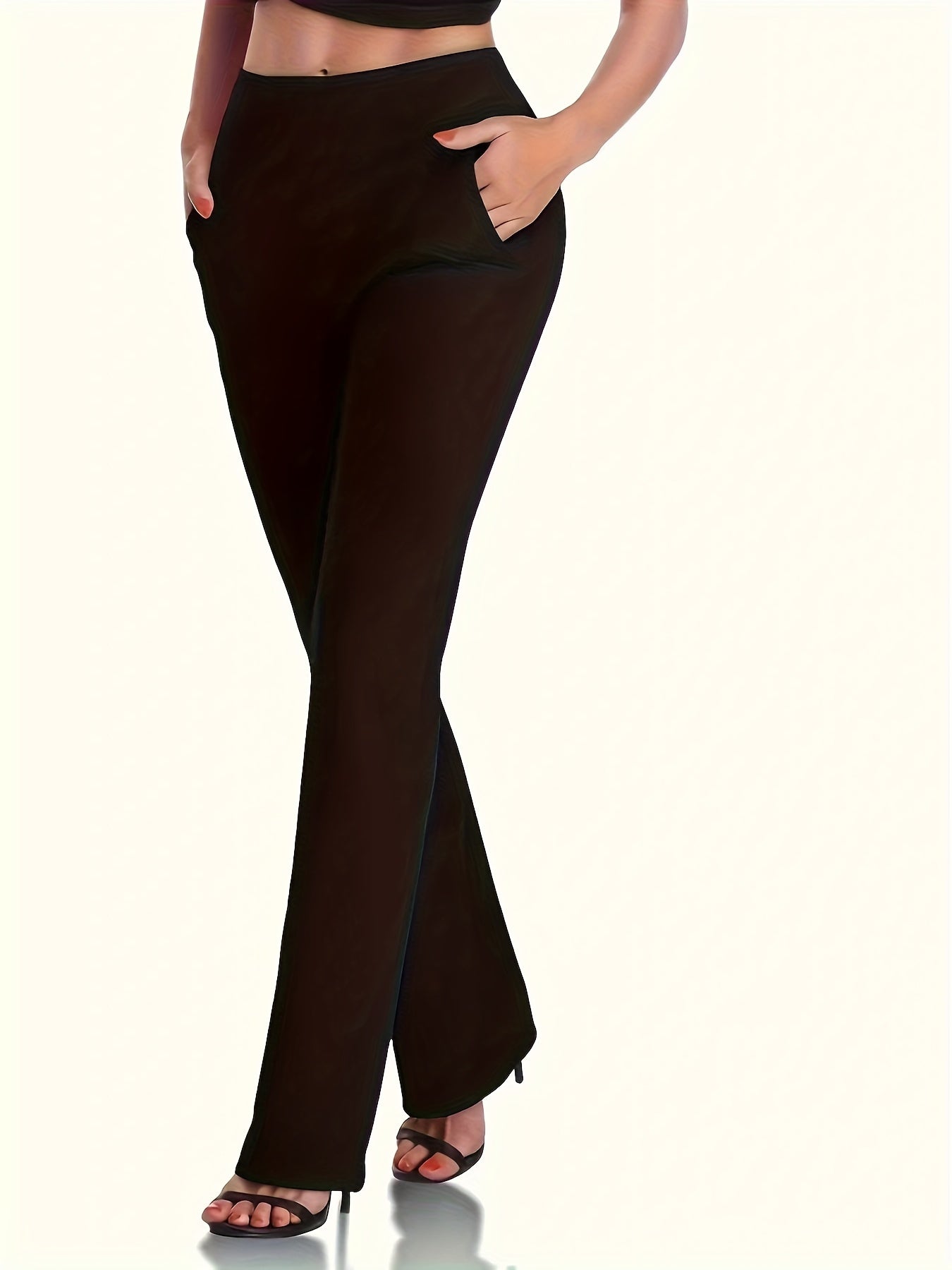  Solid Elastic High Rise Straight Leg Trousers With Pockets