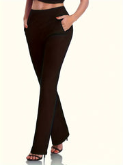  Solid Elastic High Rise Straight Leg Trousers With Pockets