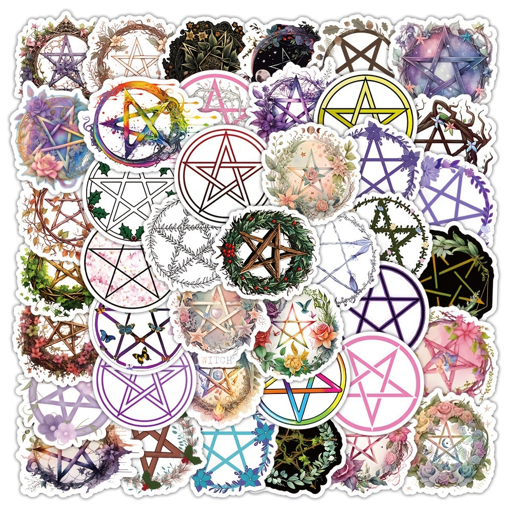 52 Vinyl Pentagram Stickers: Mystical & Floral Designs - Reusable Self Adhesive