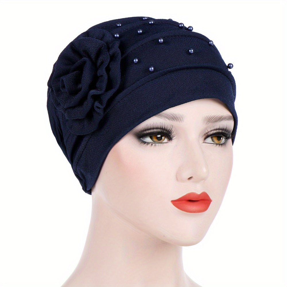 Beaded Turban Cap Solid Pleated Head Wraps Classic Elastic Hijab