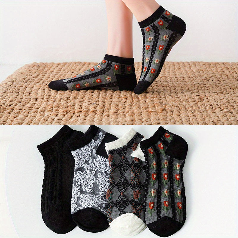 4 Pairs Floral Print Socks Retro Court Style Ankle Socks Women's Stockings