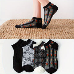 4 Pairs Floral Print Socks Retro Court Style Ankle Socks Women's Stockings