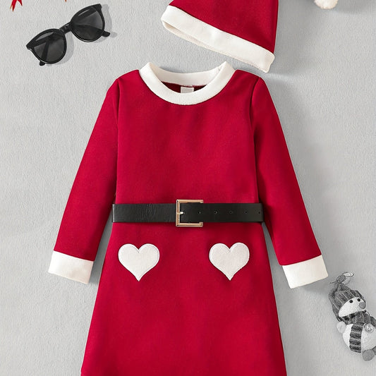 3pcs Christmas Dress Set for Girls - Heart Element with Belt and Hat