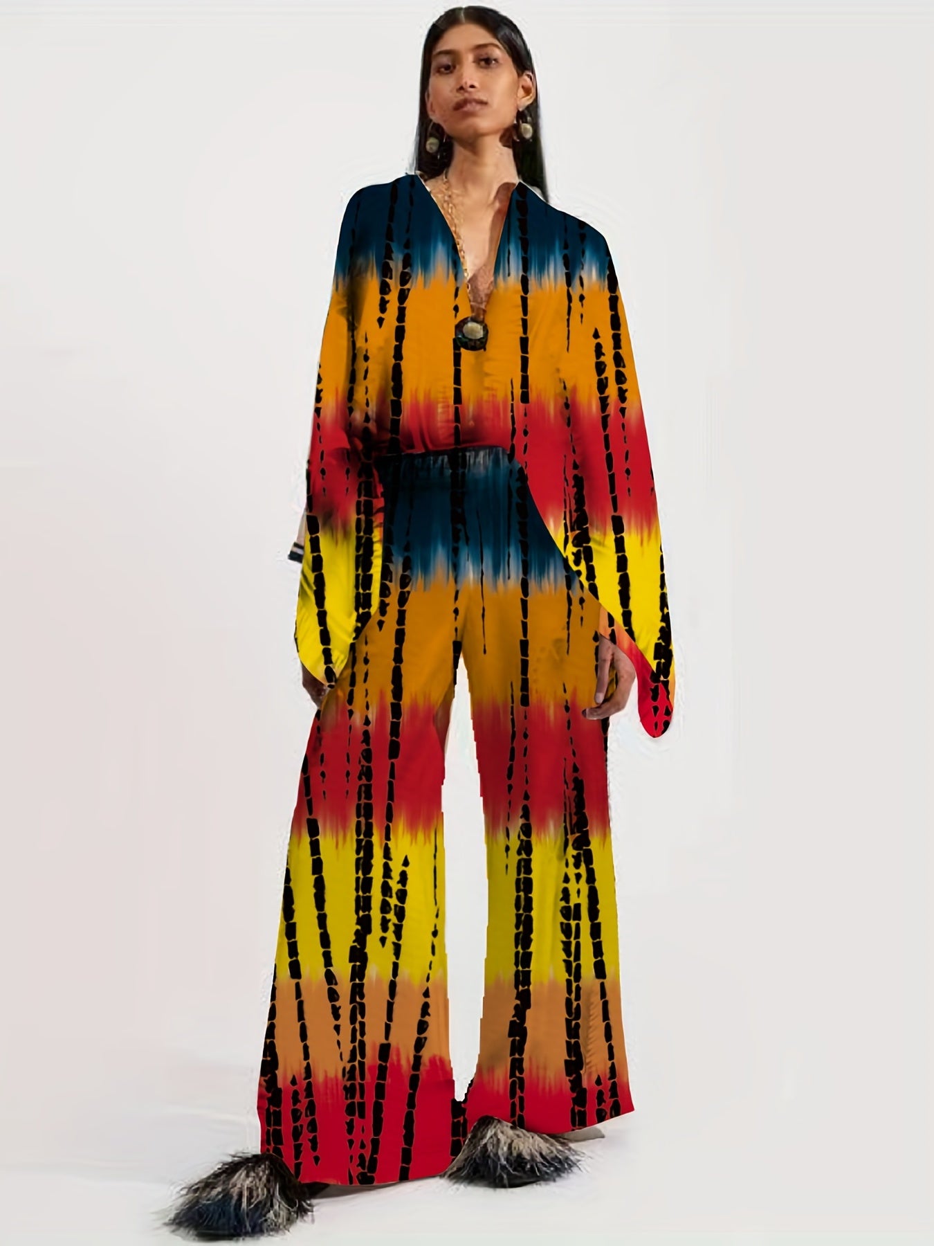 Ethnic Print Two Piece Set Blouse & Pants Outfit