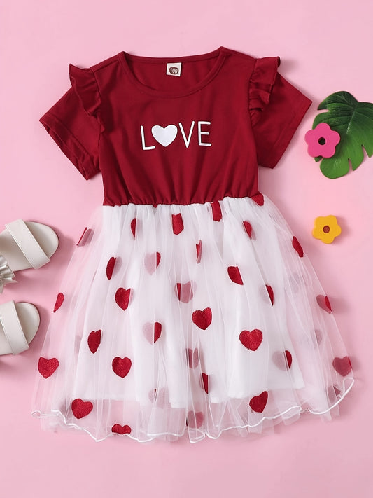 Toddler Girls Heart Print Dress Short Sleeve Mesh Splicing Round Neck Ruffle