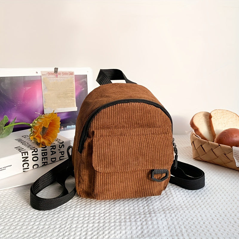 Women's Mini Corduroy Backpack Solid School Bag 9x6x7 Inches