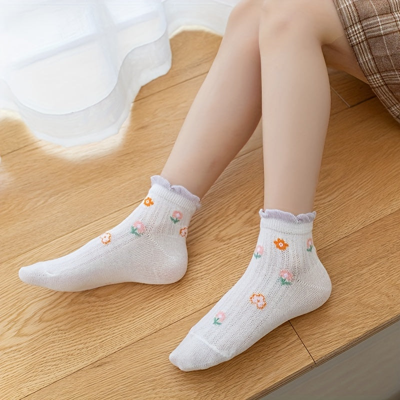 5 Pairs Girls Thin Floral Socks Spring Summer Accessories