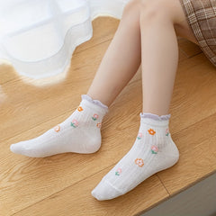 5 Pairs Girls Thin Floral Socks Spring Summer Accessories