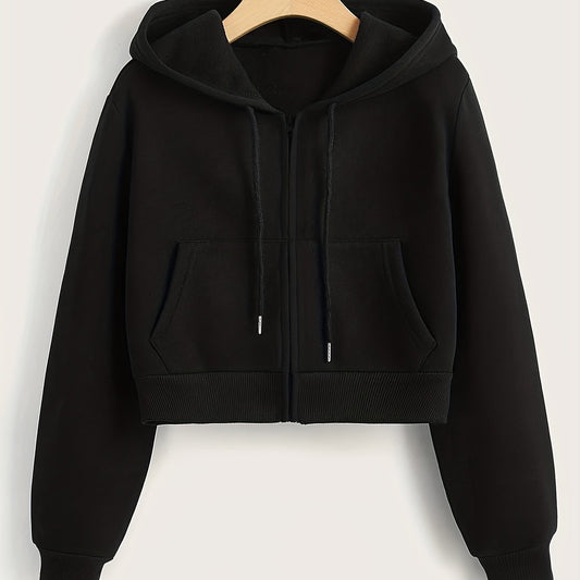 Hooded Sports Sweatshirt Zipper Up Long Sleeve Crop Hoodie