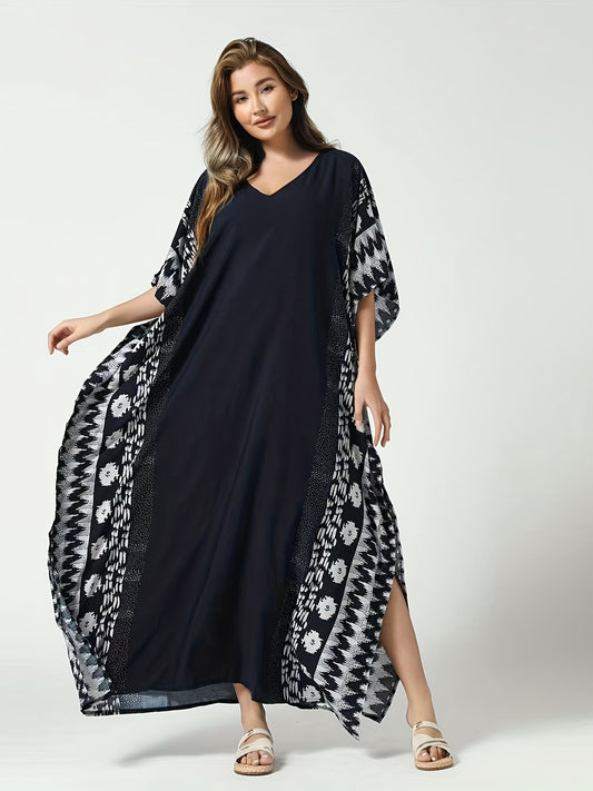 Boho Loose Fit Kaftan V Neck Geometric Print Cover Up Dress
